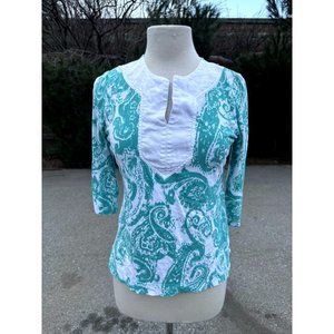 Lauren Ralph Lauren Shirt Medium Petite Teal Green 3/4 Sleeve V Neck Boho Womens